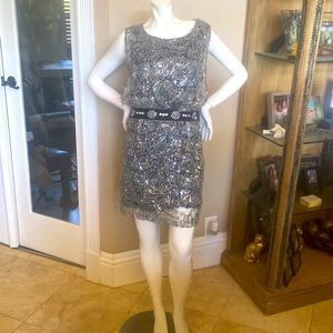 New C. Luce Gray/Black Sequins Beaded Dress Sz L